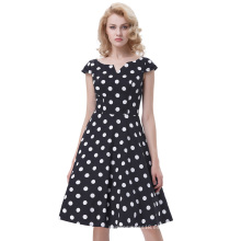 Belle Poque Retro Vintage Polka Dots Cap manga V-cuello de algodón Swing vestido BP000292-1